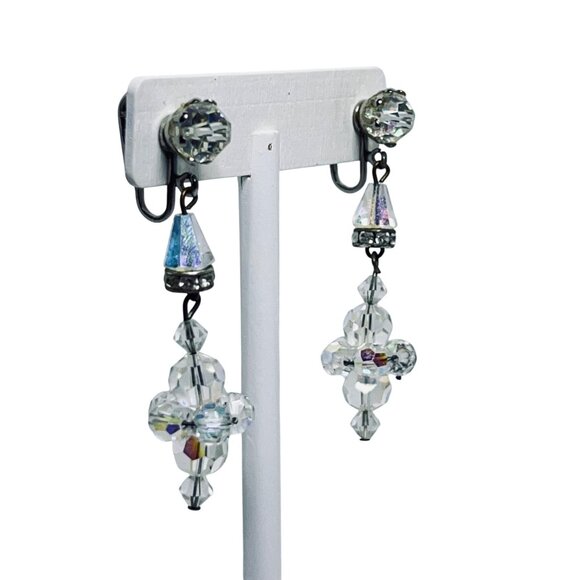 Aurora Borealis Bead Clip On Drop Dangle Earrings W/ Silver Tone Accents (5868) - Picture 4 of 5